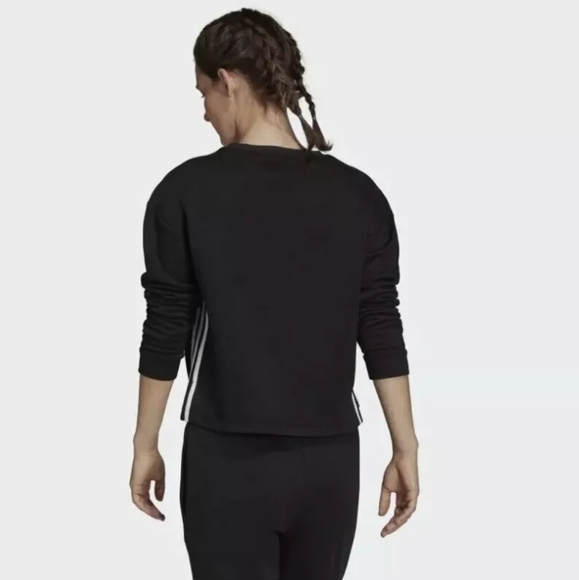 adidas Women's Primegreen Comfort Fleece Loose Cropped Black 3-Stripes Top NWT L - Picture 2 of 5